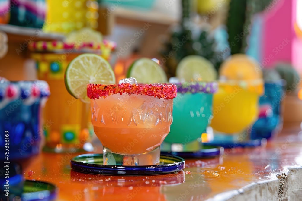 A vibrant margarita with a colorful rim sits ready for a Cinco de Mayo celebration. A vibrant margarita with a colorful rim sits ready for a Cinco de Mayo celebration.