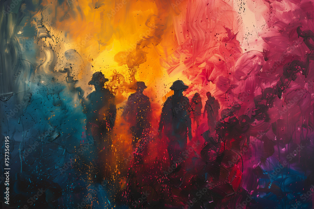 Three individuals standing in front of a vibrant, colorful background, likely celebrating the Holi Festival of Colors