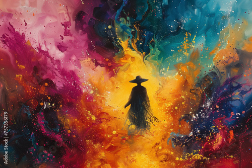 A painting depicting a person wearing a hat at the vibrant Holi Festival of Colors