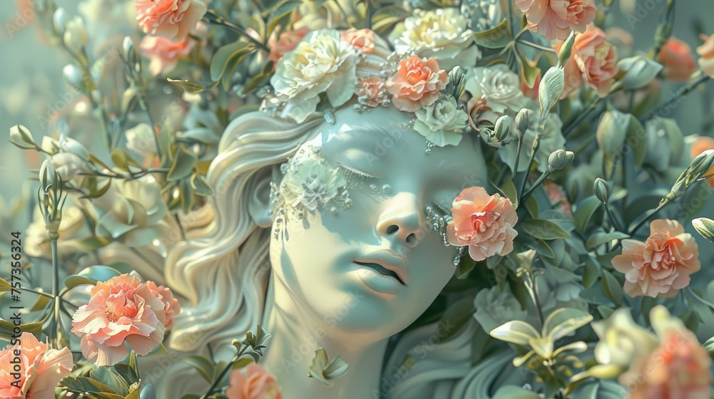 3D Illustration with Flowers and Green Tones