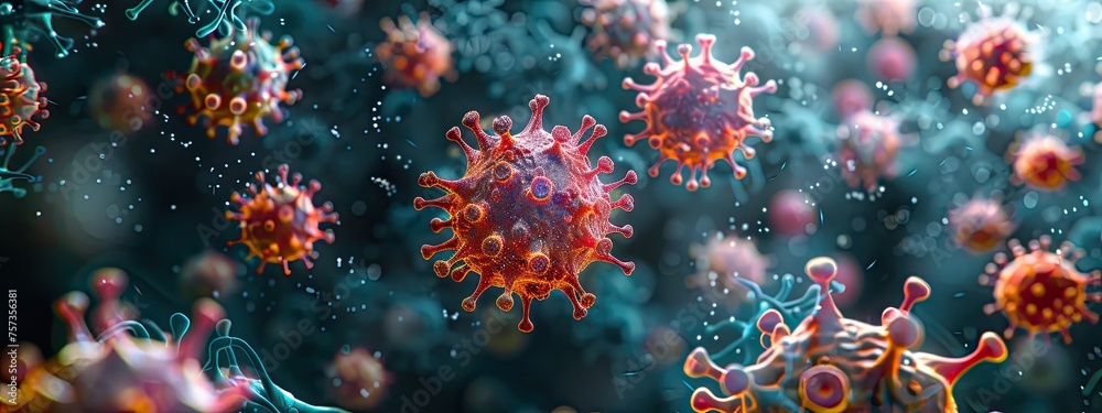3d image of viruses and bacteria on a dark background This is an image of a virus. The virus is round and has a spiky outer coat. The virus is shown in great detail, and the colors are very bright. - obrazy, fototapety, plakaty 