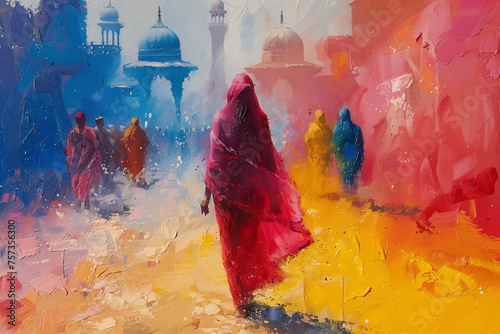 A painting depicting a woman walking down a street, captured in the style of impressionism, Holi Festival of Colors