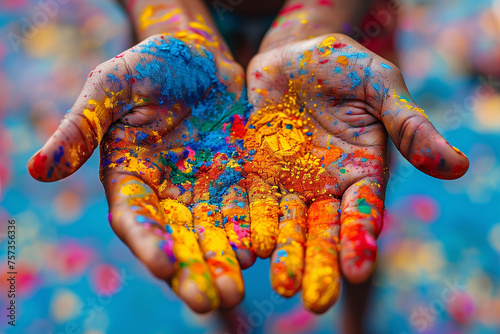 A persons hands are covered in vibrant and colorful paint, showcasing the aftermath of participating in the Holi Festival of Colors