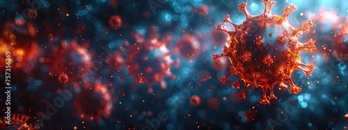 3d image of viruses and bacteria on a dark background A 3D rendering of a virus, likely COVID-19. The virus is red and orange, with a spiky outer shell. It is floating in a blue background with other,