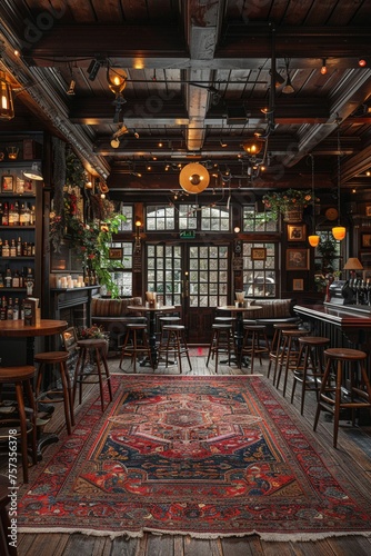 Old English pub with dark wood cozy fireplaces photo