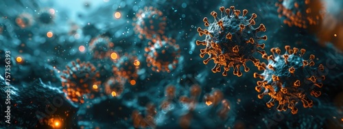 3d image of viruses and bacteria on a dark background This is an image of a virus. It is round and has many spikes sticking out from its surface. The virus is shown in great detail.