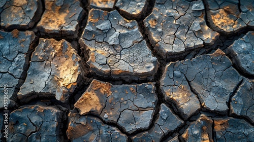 The ground is cracked and dry . top view The image shows a close-up of dry, cracked earth. The ground is parched and cracked into large polygons. The cracks are wide and deep, and the ground