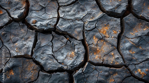The ground is cracked and dry . top view The image is a close-up of a cracked, dry mudflat. The cracks are wide and deep, and the surface is covered in a fine layer of dust. The colors are mostly blac