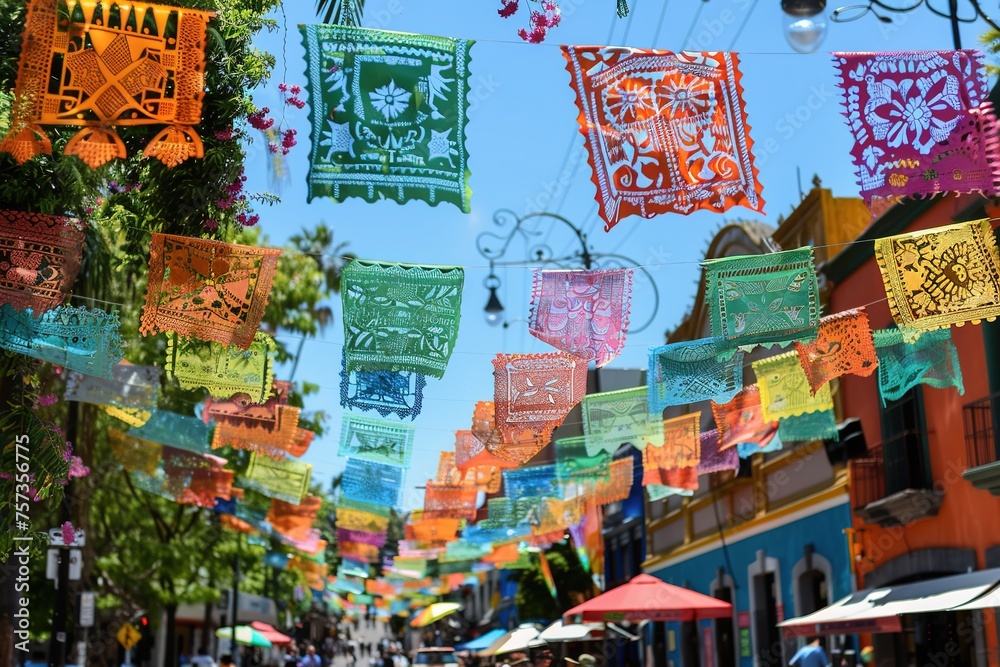 Colorful papel picado streamers flutter above a lively street, evoking the festive spirit of a celebration.