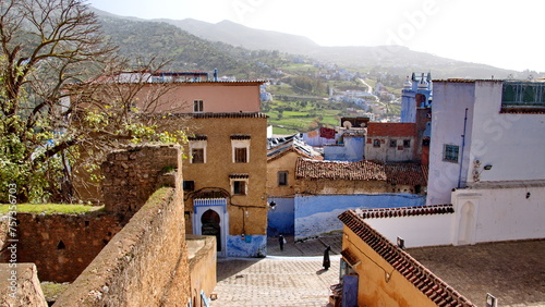 Medina seem from the Kasbah in the Uta Hammam Square, in Chefchaouen, Morocco, with the mountains in the background © Angela