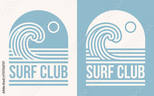 Surf club surfing lover surfer squad crew group team gang. Boho elegant retro vintage badge logo. Ocean sea wave sun minimalist illustration. Vector text for shirt design clothing and print cut file.