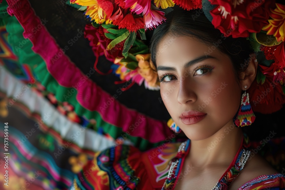 A young woman adorned in a vibrant traditional outfit with a floral headdress gazes softly. A young woman adorned in a vibrant traditional outfit with a floral headdress gazes softly.