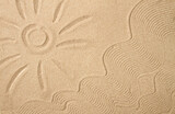 drawing on sand, sun, waves, top view, no people, summer , vacation, travel,
