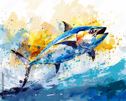 Abstract color splash illustration art of tuna fish jumping with sea wave in the style acrylic painting background.for animal inspiration concepts and design ideas