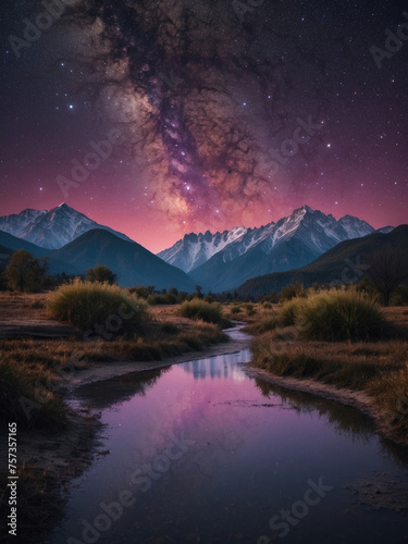 Beautiful mountain night landscape with starry sky and river