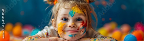 A young girl is covered in paint and is smiling. She is laying on the ground in front of a pile of colorful balls