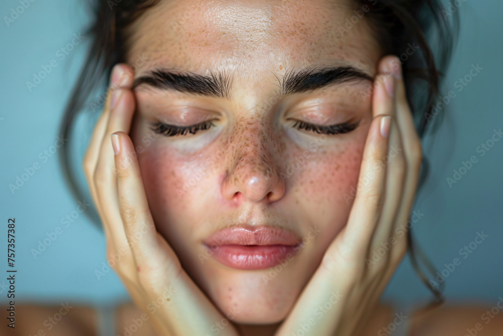 Woman holding face in hands with a peaceful expression