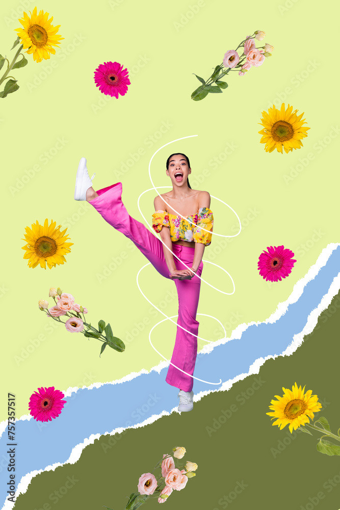 Vertical collage of astonished girl raise leg dance flying gerbera rose sunflower flowers isolated on paper background Vertical collage of astonished girl raise leg dance flying gerbera rose sunflower flowers isolated on paper background