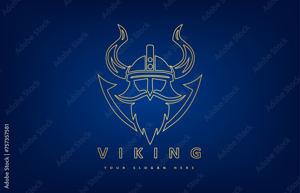 Fototapeta premium Viking and anchor logo. Scandinavian sailors symbol. Nordic warrior design. Horned Norseman symbol. Barbarian man head icon with horn helmet and beard.