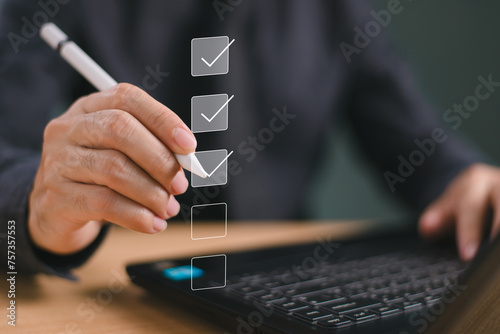 Business performance summary checklist review, businessman with computer online evaluate checklist survey, fill digital report form as assessment, questionnaire, evaluation, check online survey