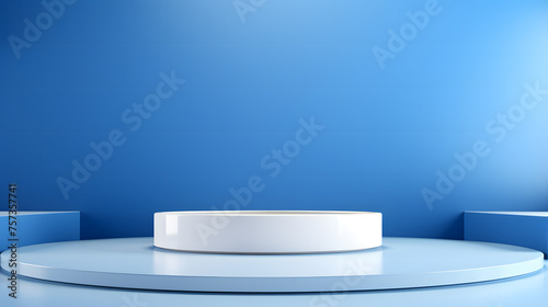 A minimalist scene with a white podium centered against a blue gradient backdrop to showcase products © Janina