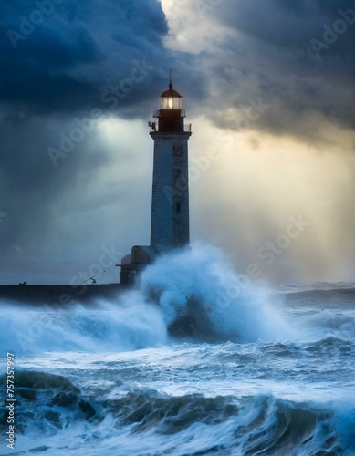  Storm with big waves over the lighthouse at theocean © Marko