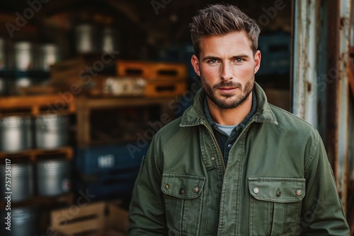Confident young man with stubble in workwear, concept of skilled trades and craftsmanship