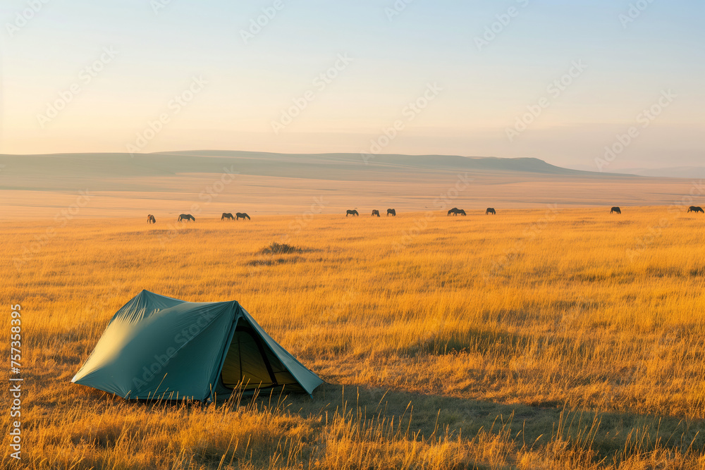 Golden Hour Camping in Vast Plains with Grazing Wildlife Nearby Adventures, banner with copy space