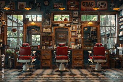 Vintage barbershop interior with classic chairs and nostalgic decorHyperrealistic photo