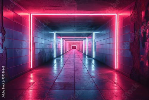 Neon-lit corridor with futuristic design, concept of modern architecture and urban nightlife