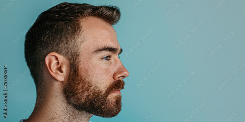 Profile View of a Young Bearded Man with a Short Haircut and Intense Gaze. Banner with copy space Profile View of a Young Bearded Man with a Short Haircut and Intense Gaze. Banner with copy space