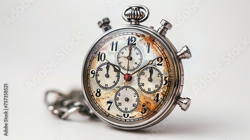 On a white background, a sport stopwatch with a red second hand is isolated.