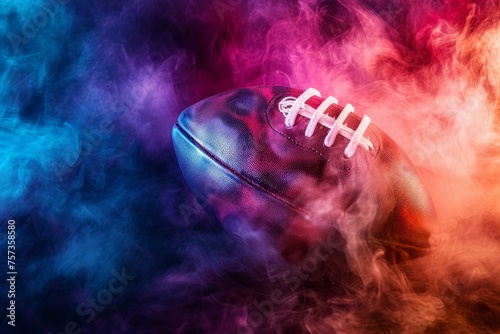 American football ball neon fog. Game leather. Generate Ai photo
