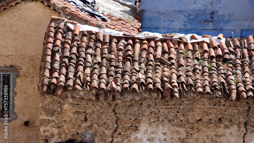 Tile roof on a mud wall in the medina, seen from the Kasbah in the Uta Hammam Square, in Chefchaouen, Morocco © Angela