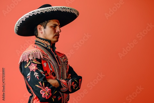 Man in traditional Mexican attire poses confidently.