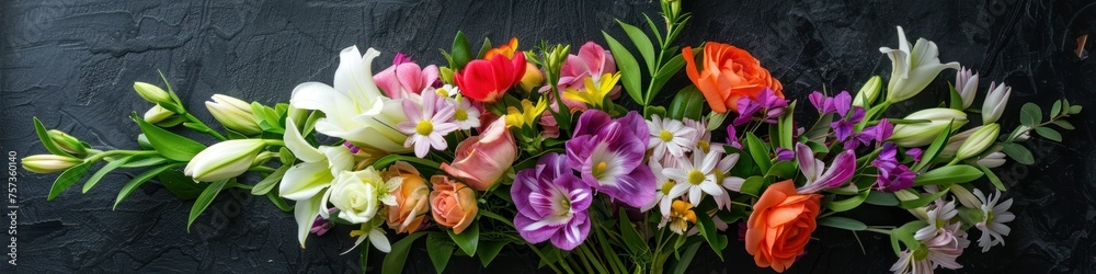 Colorful bouquet of fresh spring flowers on a dark textured background. Flat lay, top view.