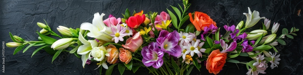 Colorful bouquet of fresh spring flowers on a dark textured background. Flat lay, top view. Colorful bouquet of fresh spring flowers on a dark textured background. Flat lay, top view.