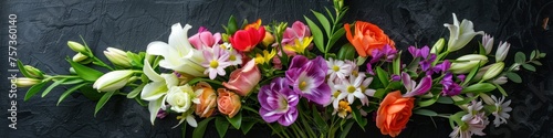 Colorful bouquet of fresh spring flowers on a dark textured background. Flat lay, top view.