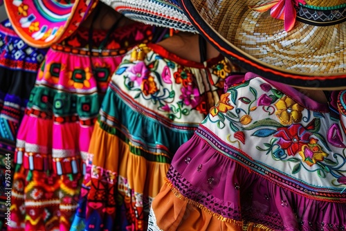 Colorful traditional Mexican attire with embroidery and sombreros.