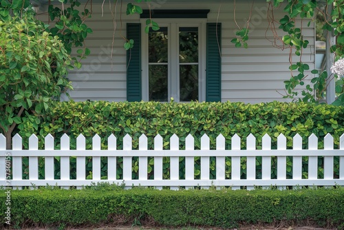 White picket fence framing lush green foliage in front of a house with blue shutters, symbolizing the American dream of home ownership, Concept of suburban living and home security