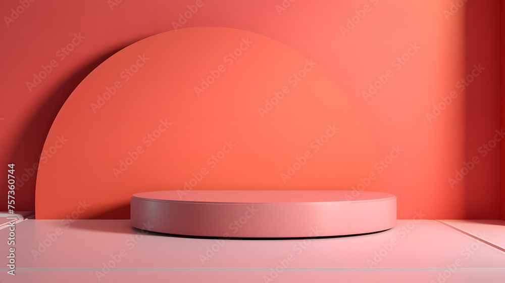 A circular podium featured with a bold coral arch, blending modern design with classic shapes A circular podium featured with a bold coral arch, blending modern design with classic shapes