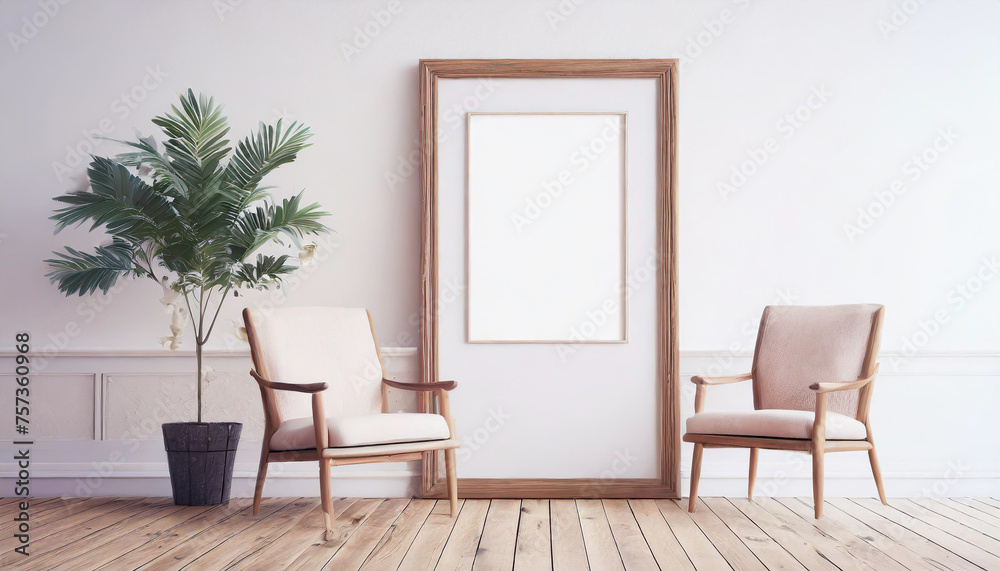 White rectangular vertical frame hanging on a white wall mockup White rectangular vertical frame hanging on a white wall mockup