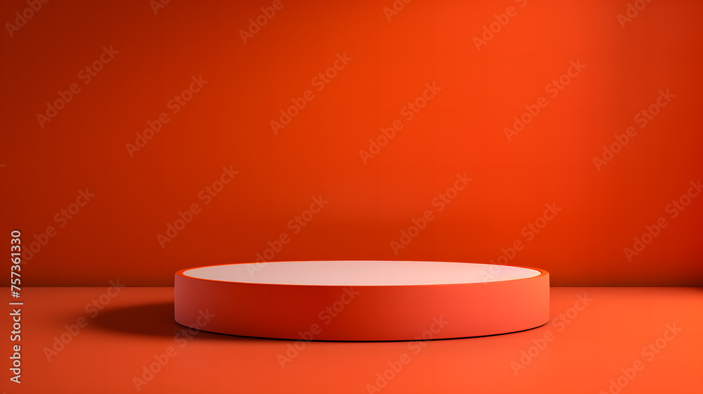 A chic, red circular podium against a bold orange background provides a vivid stage for product display A chic, red circular podium against a bold orange background provides a vivid stage for product display