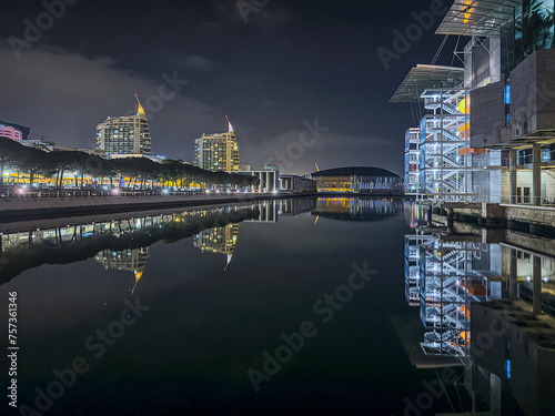 Night view of Parque das Nações in Lisbon with oceanarium, pavilion and reflections in the water.