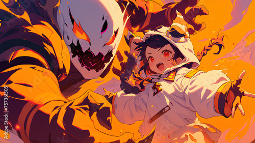 anime girl cute white ghost costume and pumpkin head