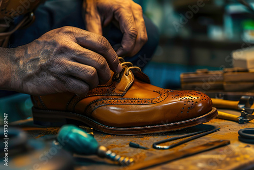 A shoe maker is making leather shoes in the workshop