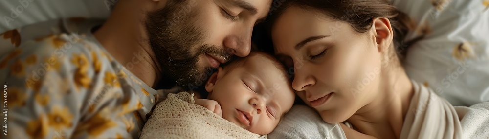 A man and a woman are holding a sleeping baby. The baby is wrapped in a blanket and is resting on the woman's chest