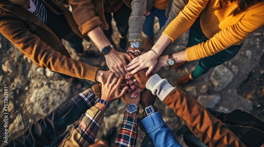 Fototapeta premium A top-down view of a group of friends stacking their hands together, symbolizing unity, teamwork, and mutual support in a casual setting.