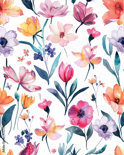 Floral watercolor seamless pattern with colorful flowers in herbarium style