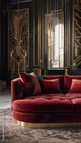 Crimson velvet sofa featuring numerous pillows in a modern living room, capturing the essence of art deco elegance.